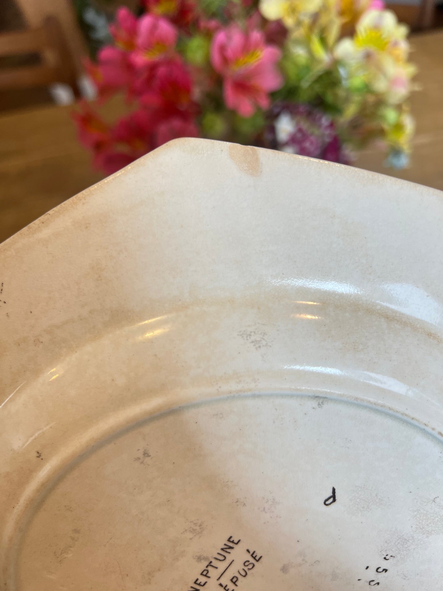 14 assiettes plates Wedgwood, anglais, modèle Neptune, jaunies, 2 ont des petits éclats en dessous et un un léger fêle.