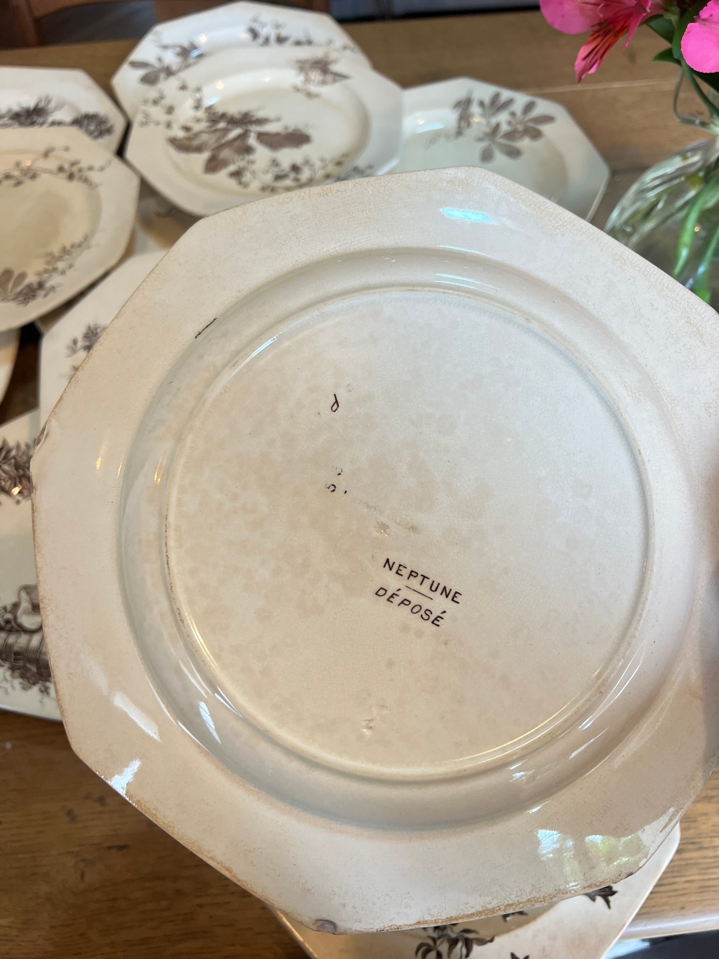 14 assiettes plates Wedgwood, anglais, modèle Neptune, jaunies, 2 ont des petits éclats en dessous et un un léger fêle.