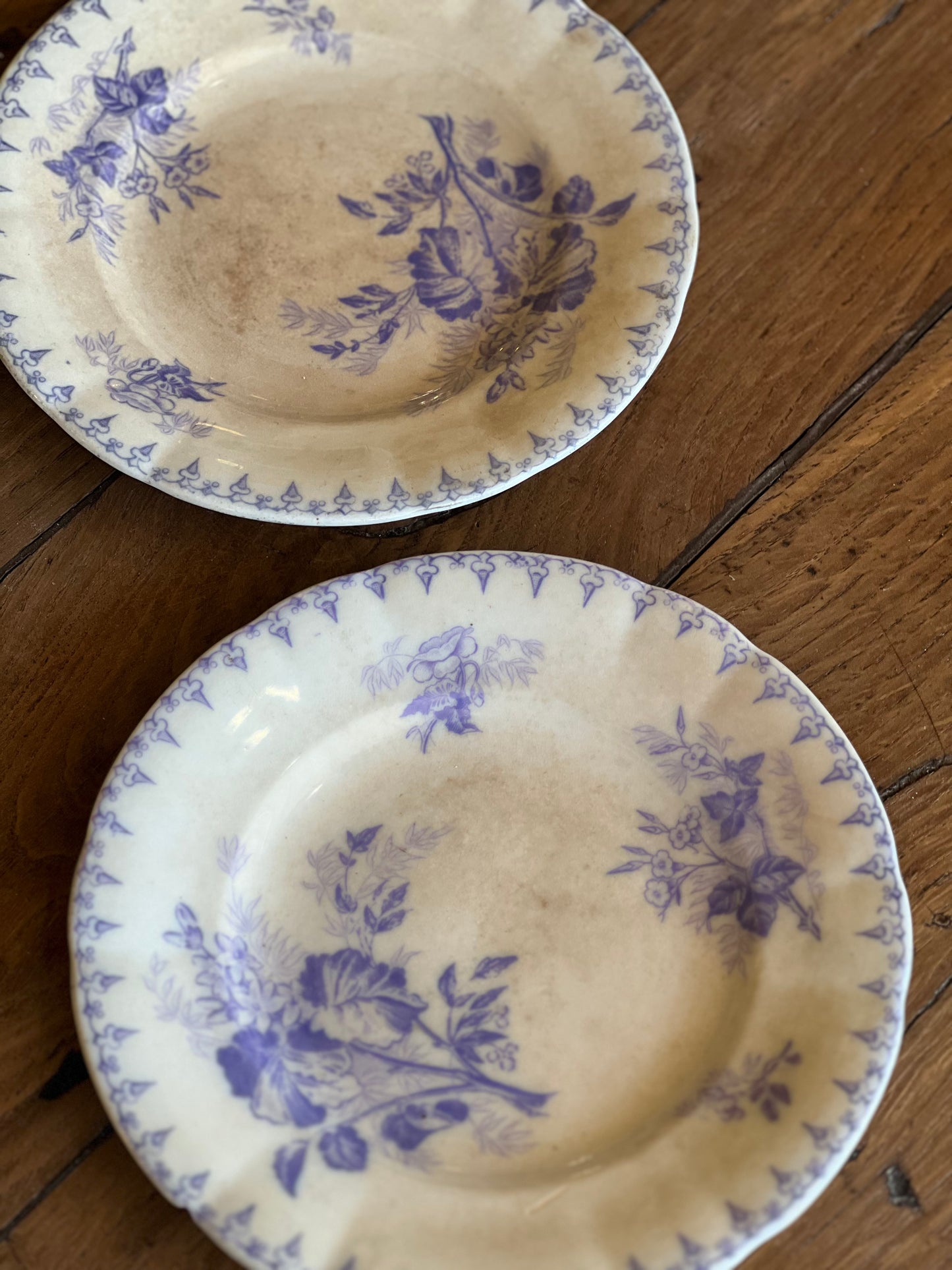2 assiettes à dessert, Sarreguemines modèle Flore, tâchées mais ni fêlées ni ébréchées.