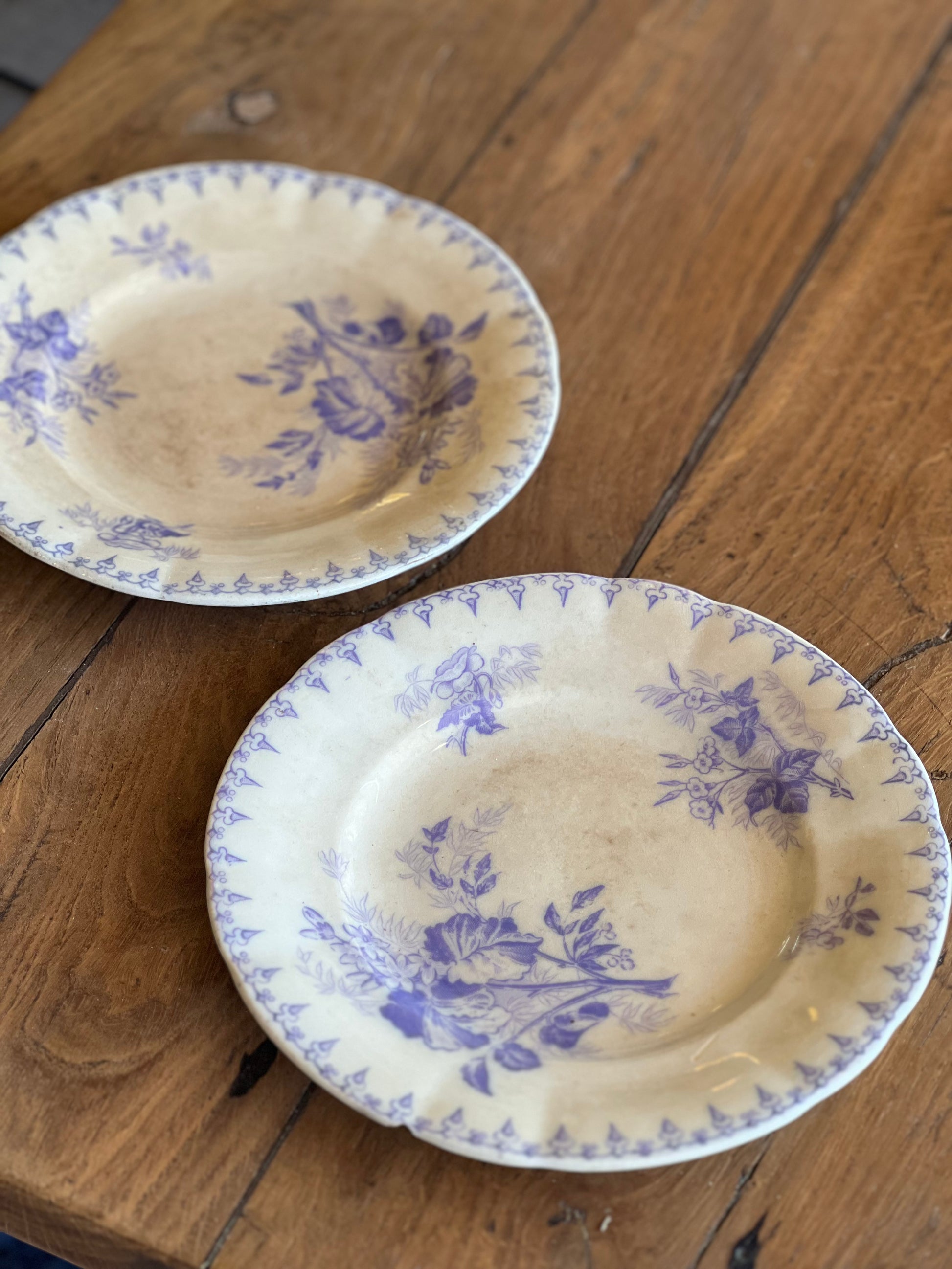 2 assiettes à dessert, Sarreguemines modèle Flore, tâchées mais ni fêlées ni ébréchées.