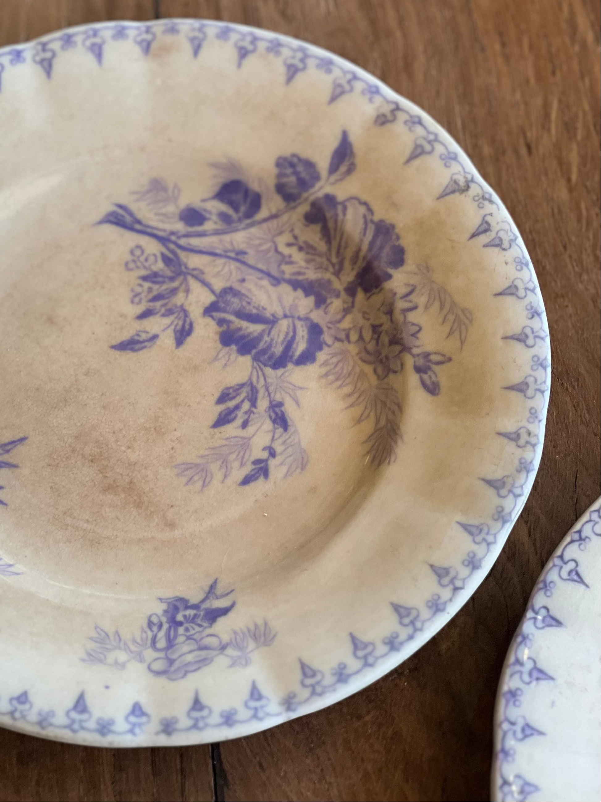 2 assiettes à dessert, Sarreguemines modèle Flore, tâchées mais ni fêlées ni ébréchées.