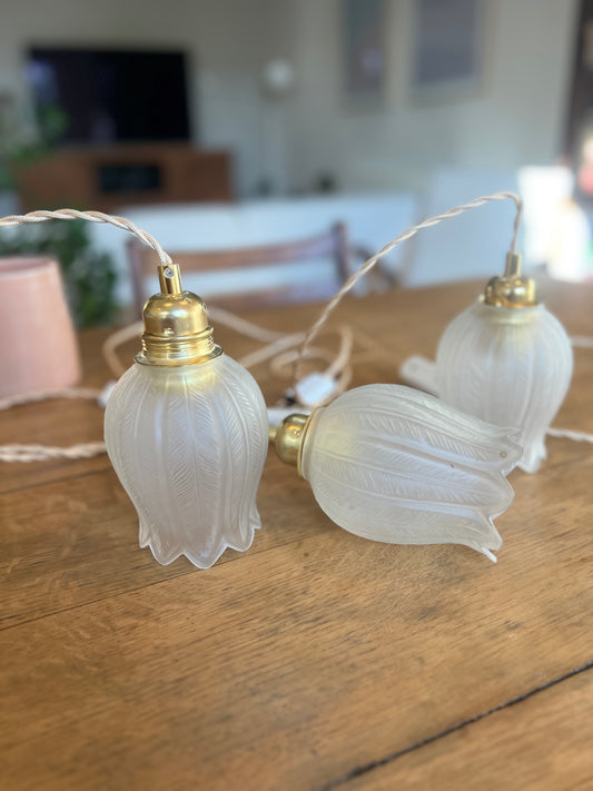 Baladeuses fleurs dépolies, l'électricité est neuve, la verrerie est chinée, douille e27, 3 disponibles.