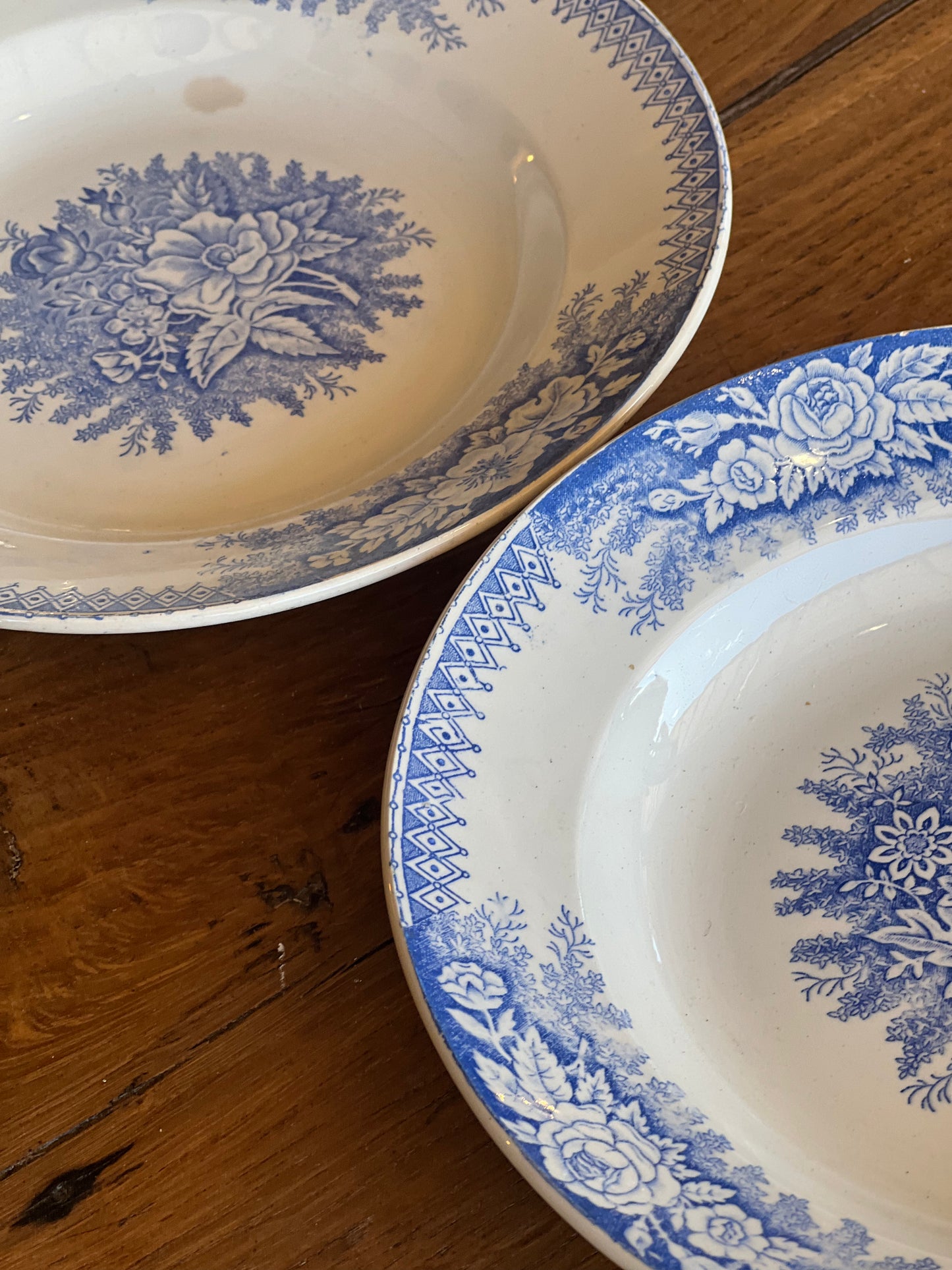 Paire d'assiettes à soupe Saint Amand, modèle Jardinière, une est tâchée.