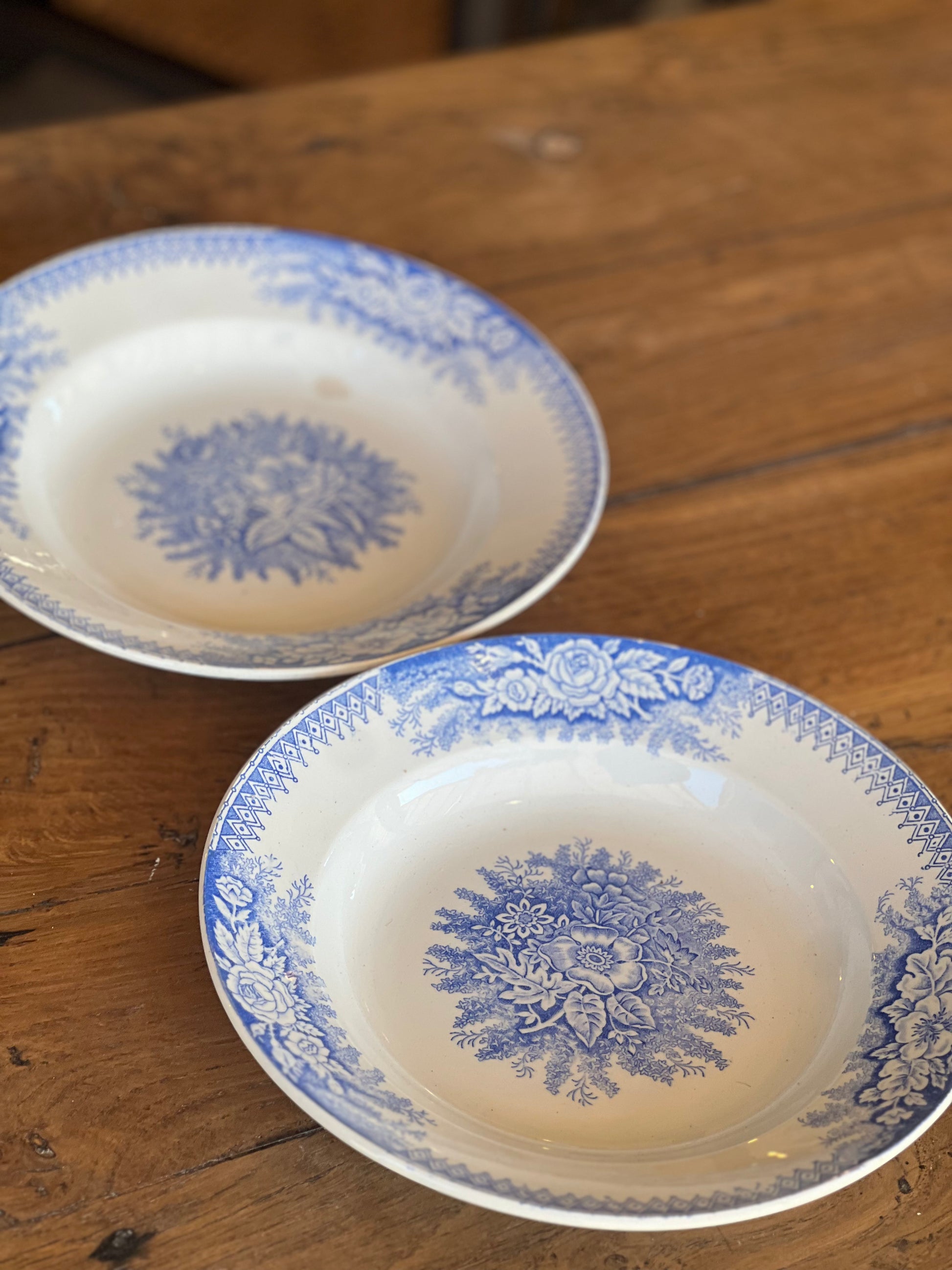 Paire d'assiettes à soupe Saint Amand, modèle Jardinière, une est tâchée.